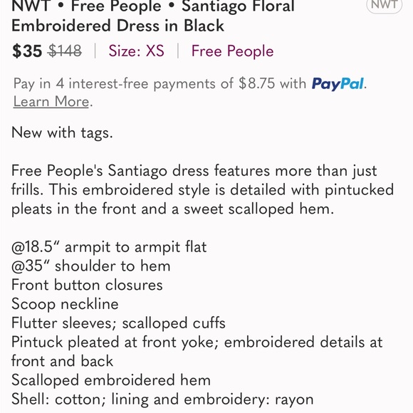 Free People Santiago Floral Embroidered Dress Black White XS - Picture 15 of 15